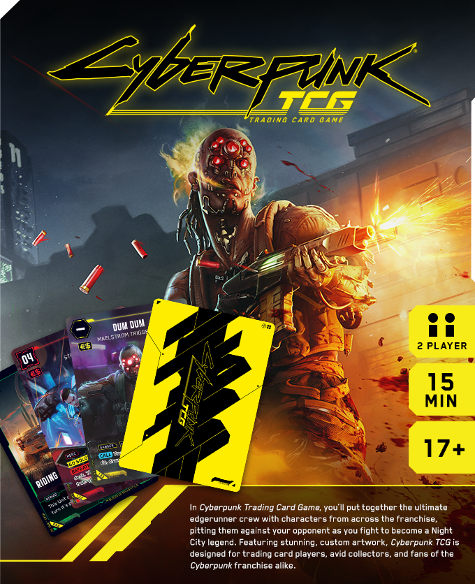 Offizielle Kampagnengrafik der Cyberpunk TCG Kickstarter-Kampagne mit Produktübersicht: Booster Display, Beta Box und Zubehör