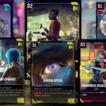 Übersicht verschiedener Karten aus dem Cyberpunk Trading Card Game, darunter Charaktere, Ausrüstung und Cyberware