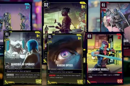 Übersicht verschiedener Karten aus dem Cyberpunk Trading Card Game, darunter Charaktere, Ausrüstung und Cyberware