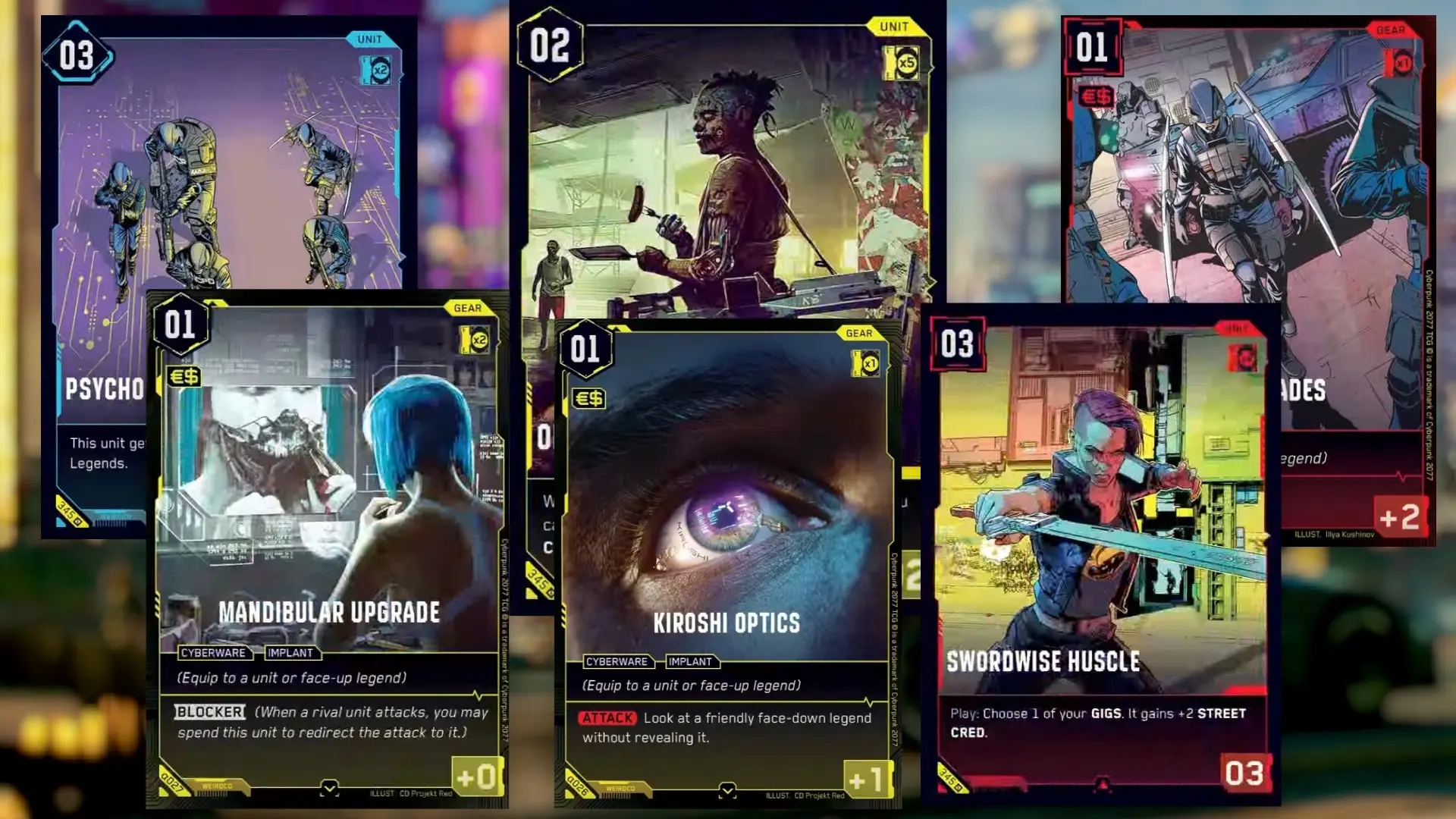 Übersicht verschiedener Karten aus dem Cyberpunk Trading Card Game, darunter Charaktere, Ausrüstung und Cyberware