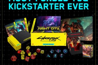 Cyberpunk TCG - Most-Funded TCG Kickstarter Ever - Produktübersicht mit Booster Display, Karten, Playmat und Gig Dice (Quelle: WeirdCo / Cyberpunk TCG auf X)