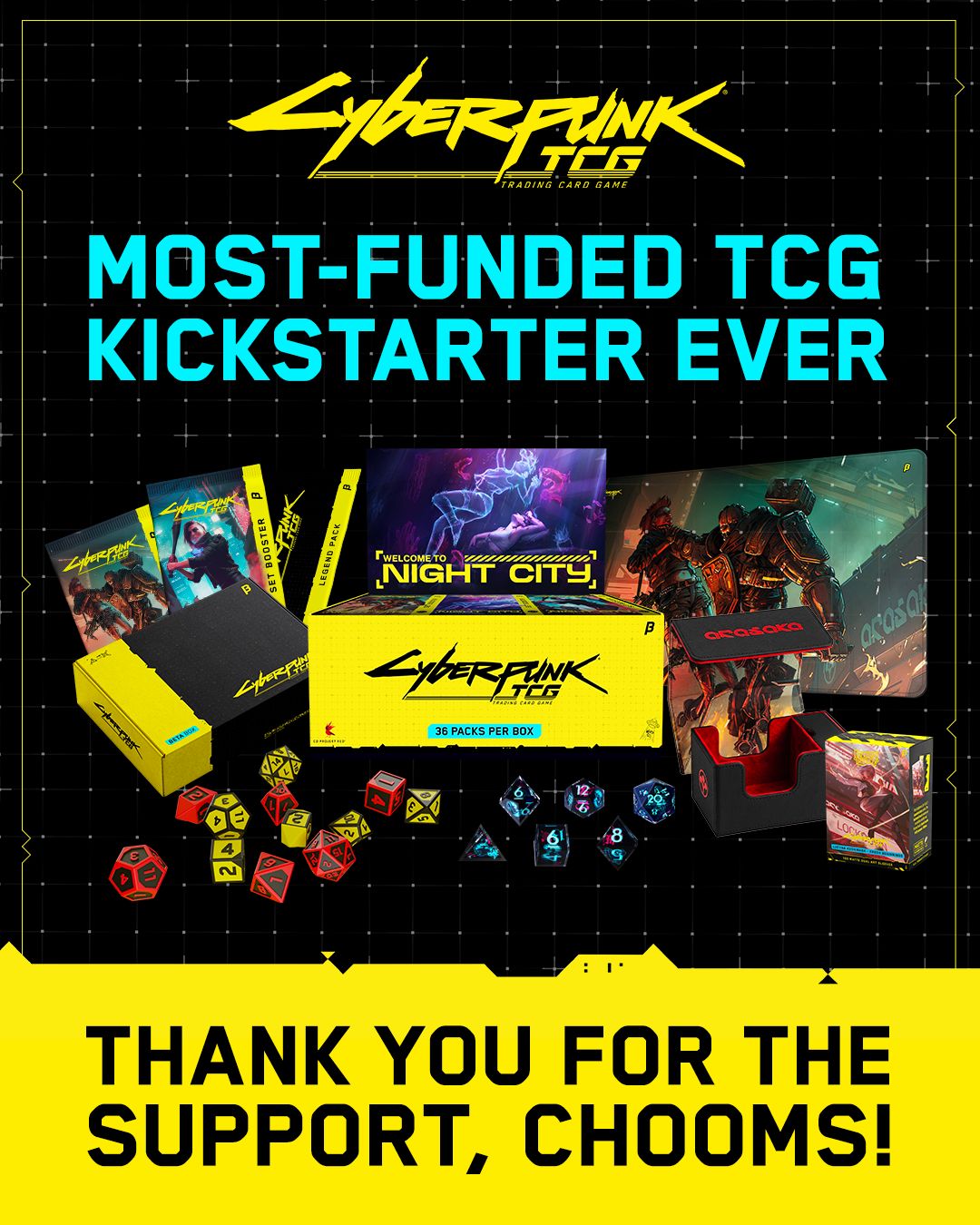Cyberpunk TCG - Most-Funded TCG Kickstarter Ever - Produktübersicht mit Booster Display, Karten, Playmat und Gig Dice (Quelle: WeirdCo / Cyberpunk TCG auf X)