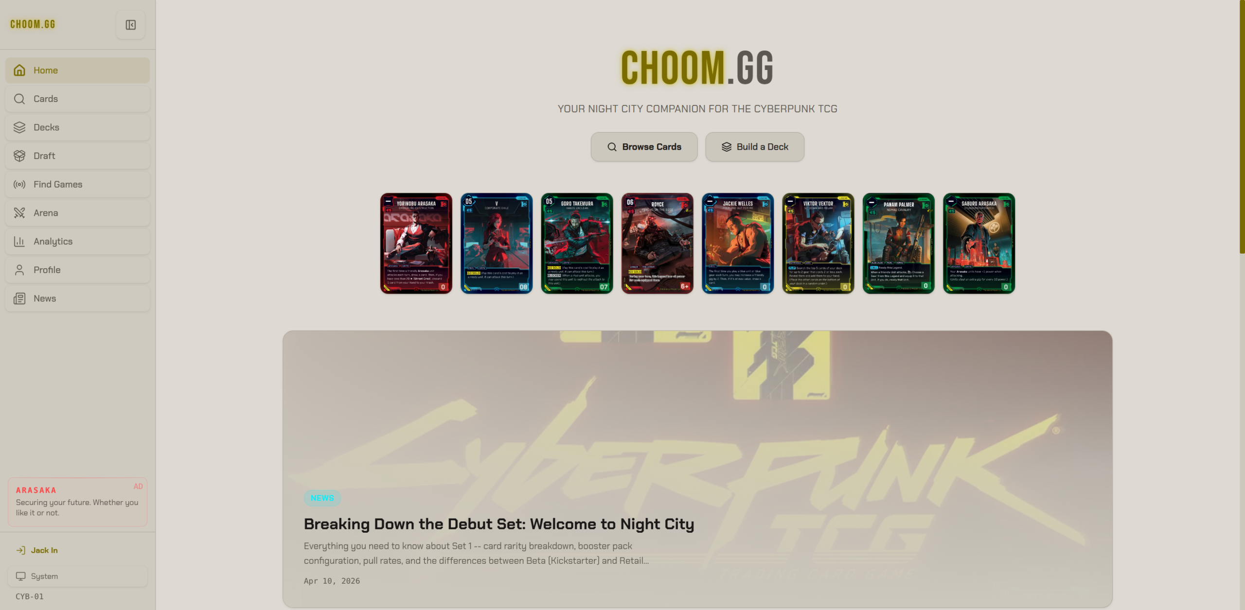 CHOOM.GG — Cyberpunk TCG Companion mit Kartendatenbank und Deckbuilder