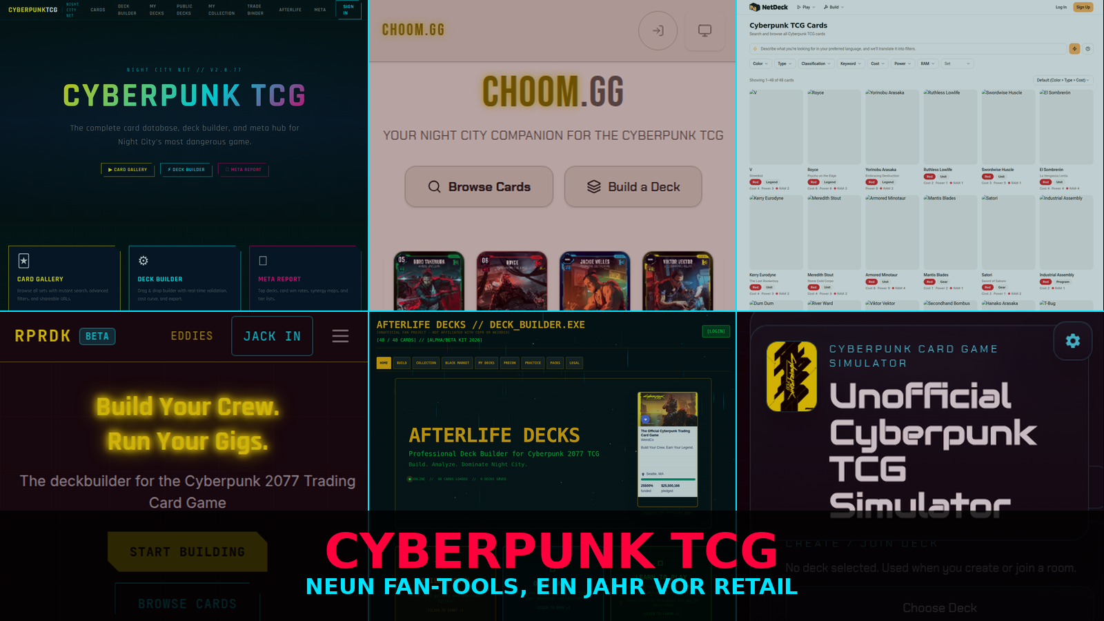 Collage der wichtigsten Community-Tools für das Cyberpunk TCG