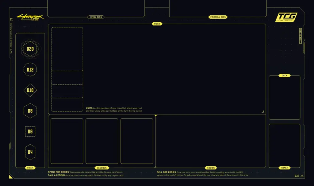 Cyberpunk TCG - Playmat Layout fuer Organized Play (Quelle: cyberpunktcg.com)