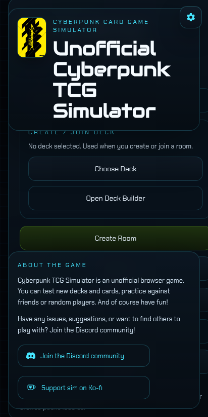 cyberpunk-tcg-sim.online — Match setup with Hot Seat and Rooms