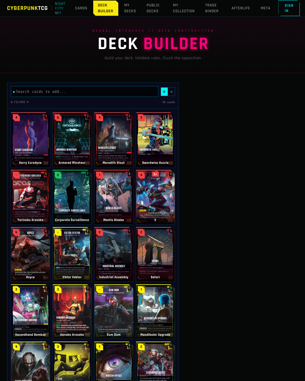 tcgcyberpunk.com — Deck Builder with 3 cards and live validation