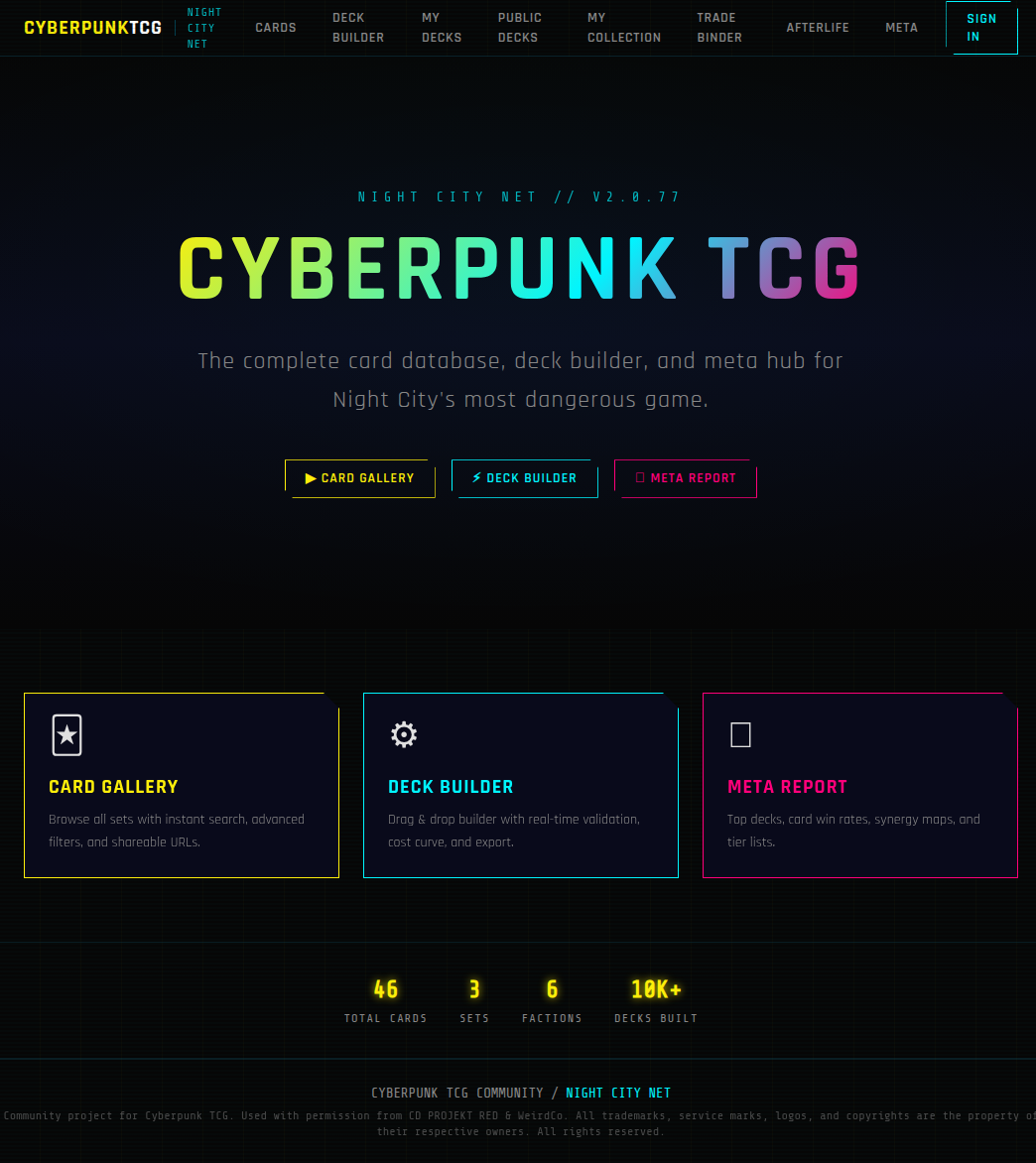 tcgcyberpunk.com — Night City Net homepage