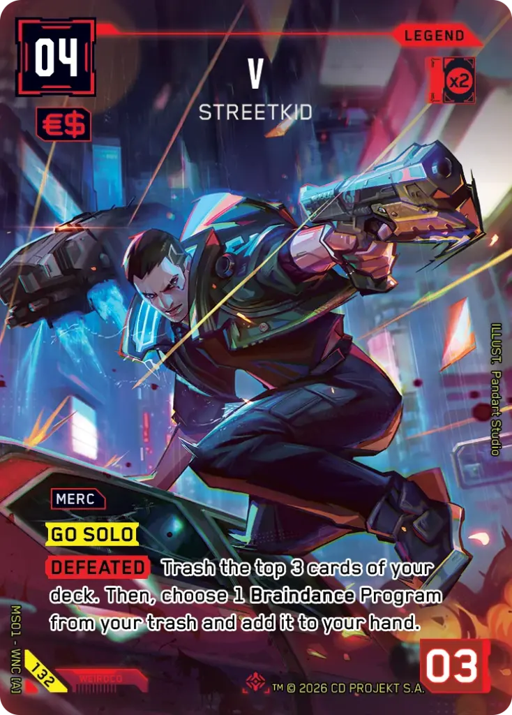 V – Streetkid Legend-Karte aus dem Cyberpunk TCG (Quelle: cyberpunktcg.com / netdeck.gg)
