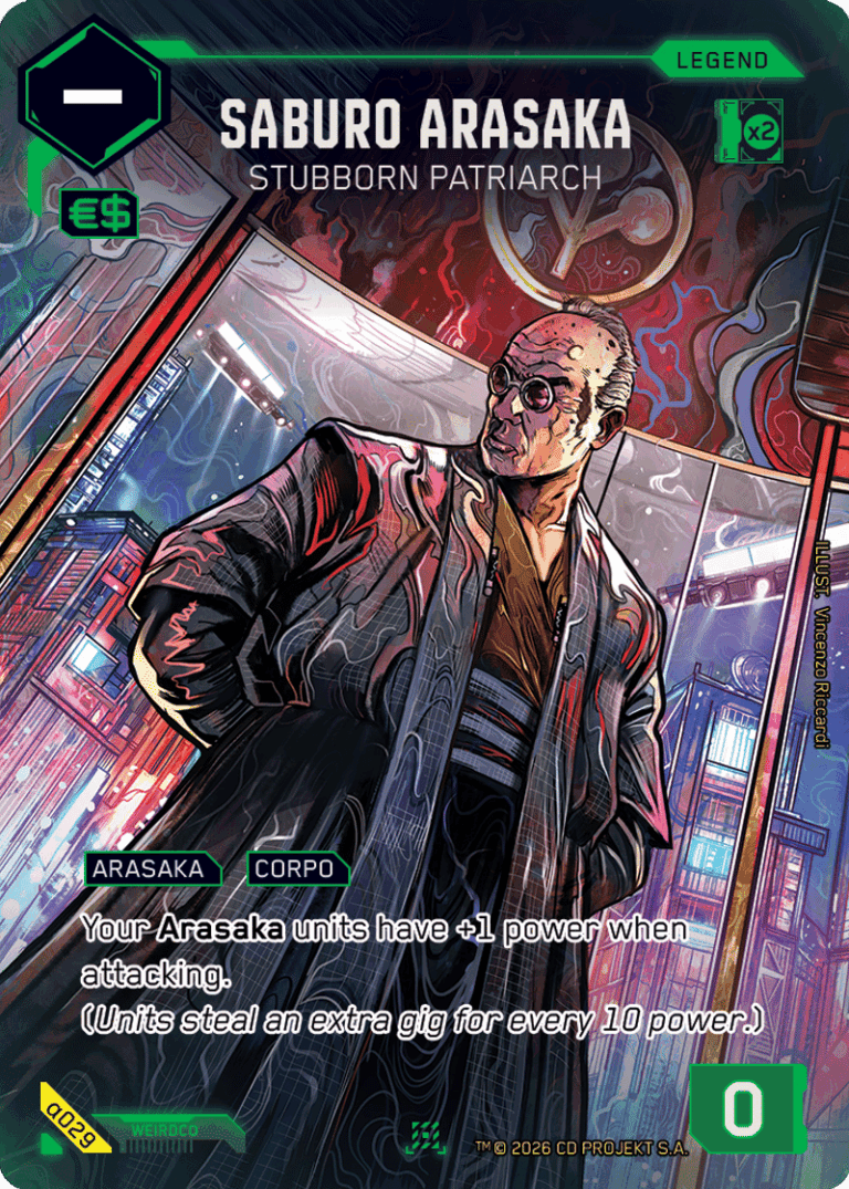 Cyberpunk TCG - Saburo Arasaka Karte aus Welcome to Night City (Quelle: cyberpunktcg.com)