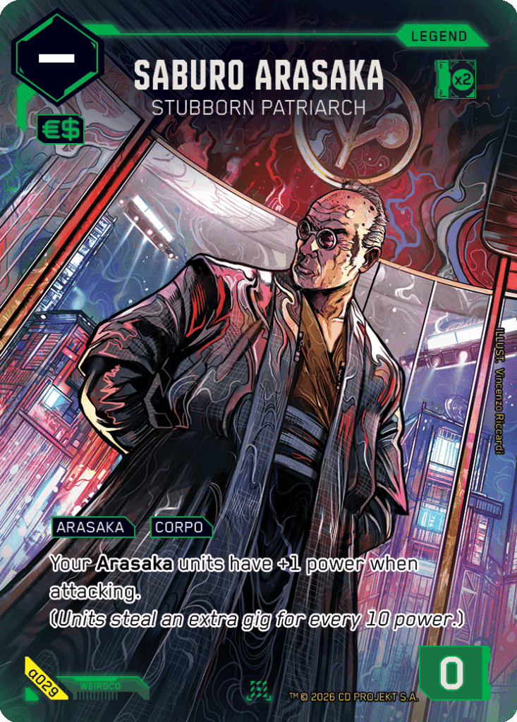 Cyberpunk TCG - Saburo Arasaka Karte aus dem Embracing Power Starter Deck (Quelle: cyberpunktcg.com / WeirdCo)