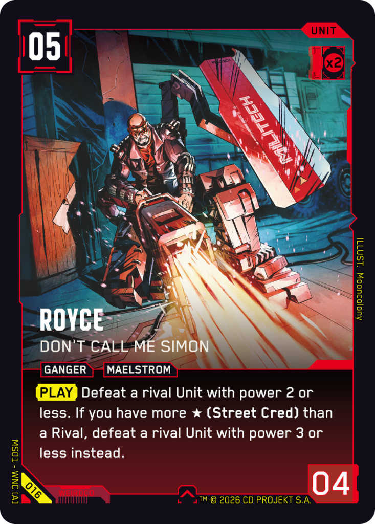 Cyberpunk TCG - Royce Don't Call Me Simon, rote Karte (Quelle: cyberpunktcg.com)