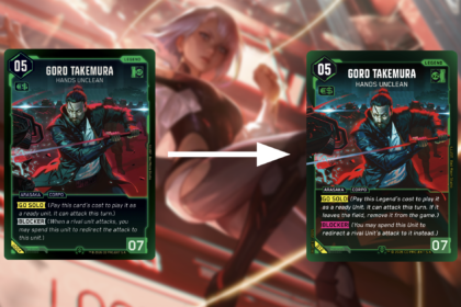 Cyberpunk TCG - Goro Takemura Alpha vs Beta Kartenvergleich: Verbesserte Schriftgröße und Lesbarkeit (Quelle: WeirdCo Dev Blog)