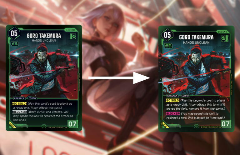 Cyberpunk TCG - Goro Takemura Alpha vs Beta Kartenvergleich: Verbesserte Schriftgröße und Lesbarkeit (Quelle: WeirdCo Dev Blog)