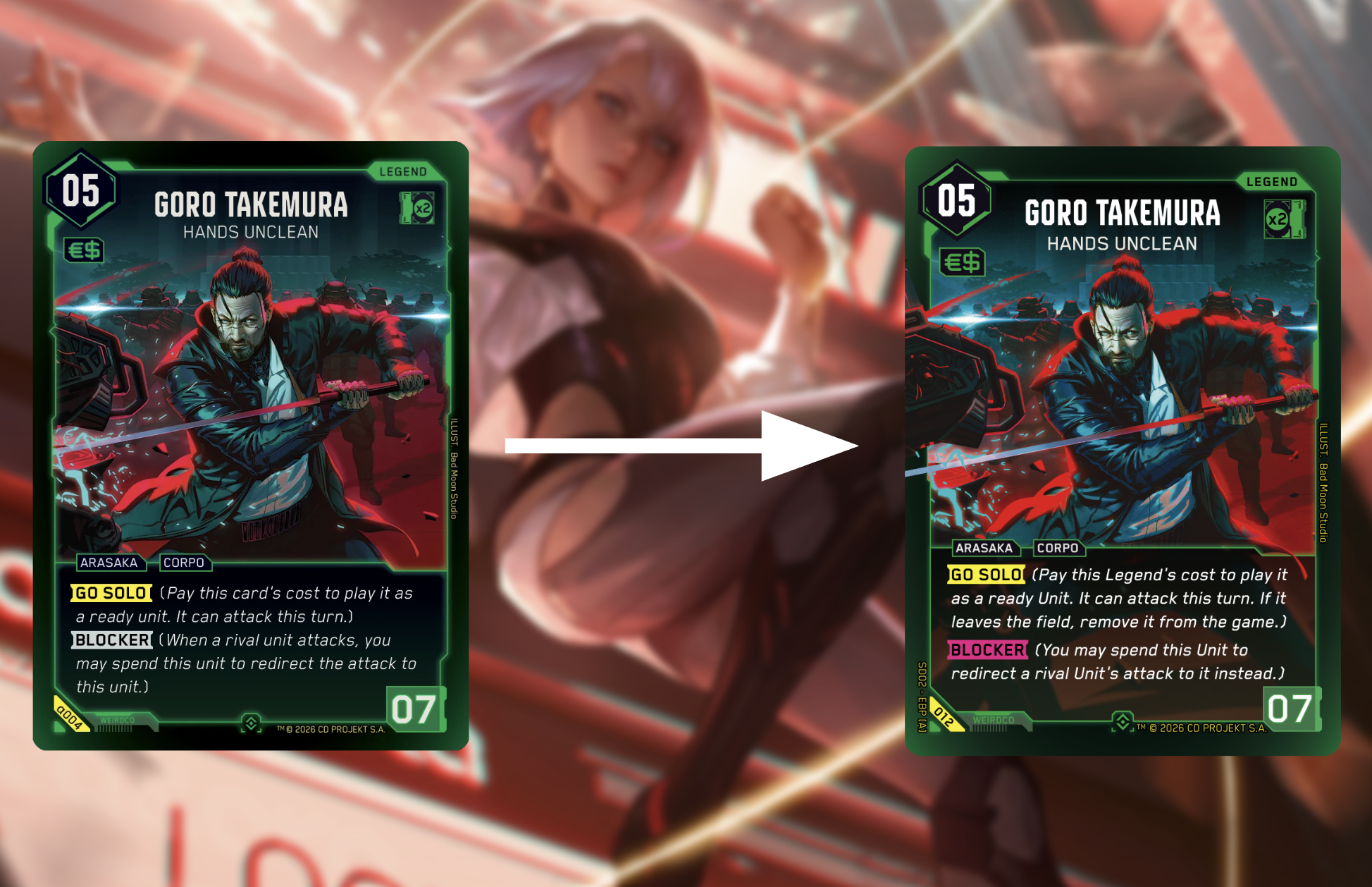 Cyberpunk TCG - Goro Takemura Alpha vs Beta Kartenvergleich: Verbesserte Schriftgröße und Lesbarkeit (Quelle: WeirdCo Dev Blog)