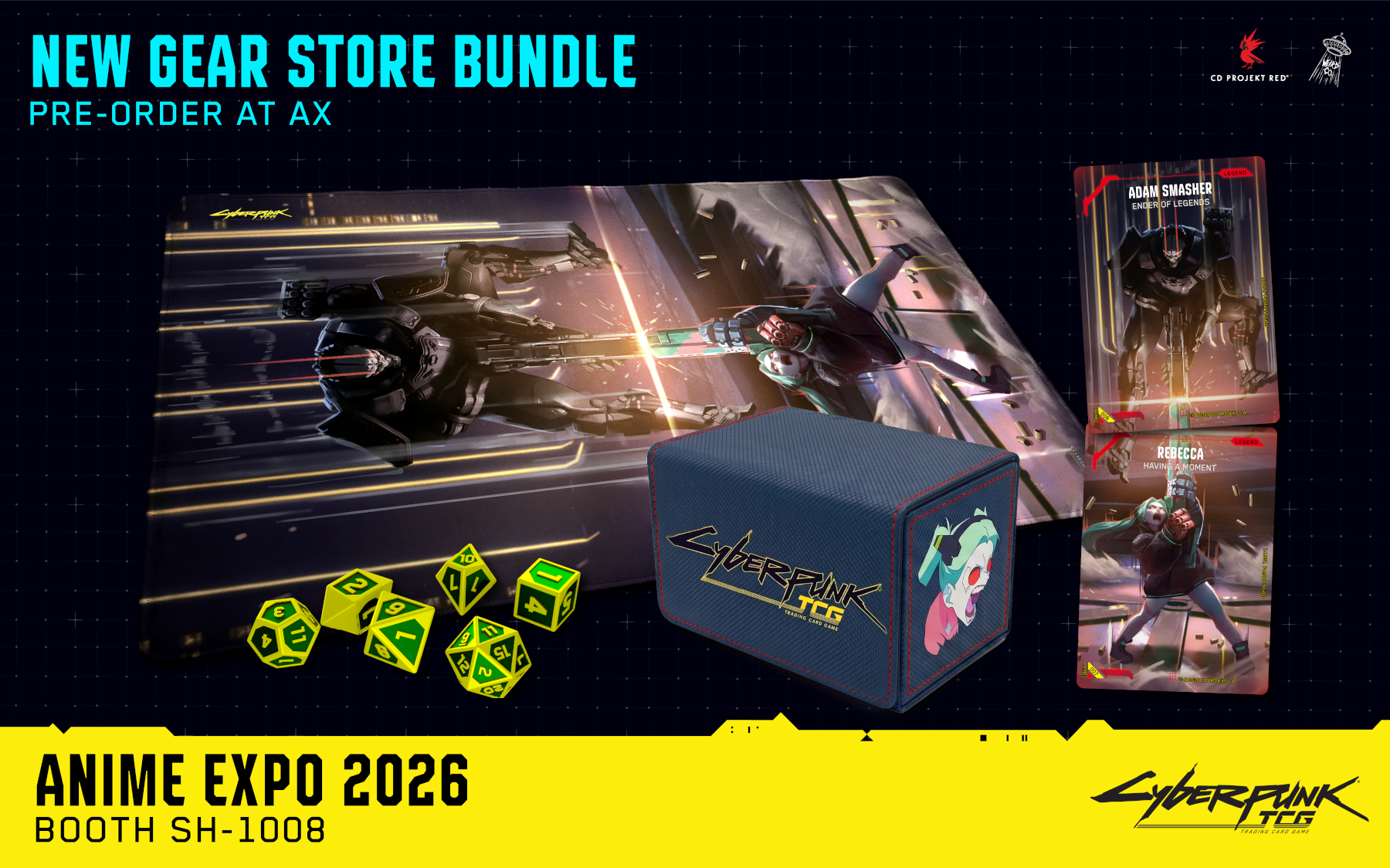 Cyberpunk TCG Premium Accessory Bundle — Diptych Nova Rare Cards, Spielmatte, Deckbox und Würfel (Quelle: cyberpunktcg.com)