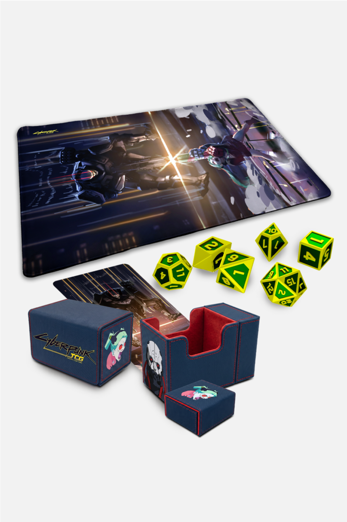 Cyberpunk TCG - The Moment Premium Accessory Bundle mit Adam-Smasher- und Rebecca-Nova-Rare-Diptychon (Quelle: CD PROJEKT RED Gear Store)