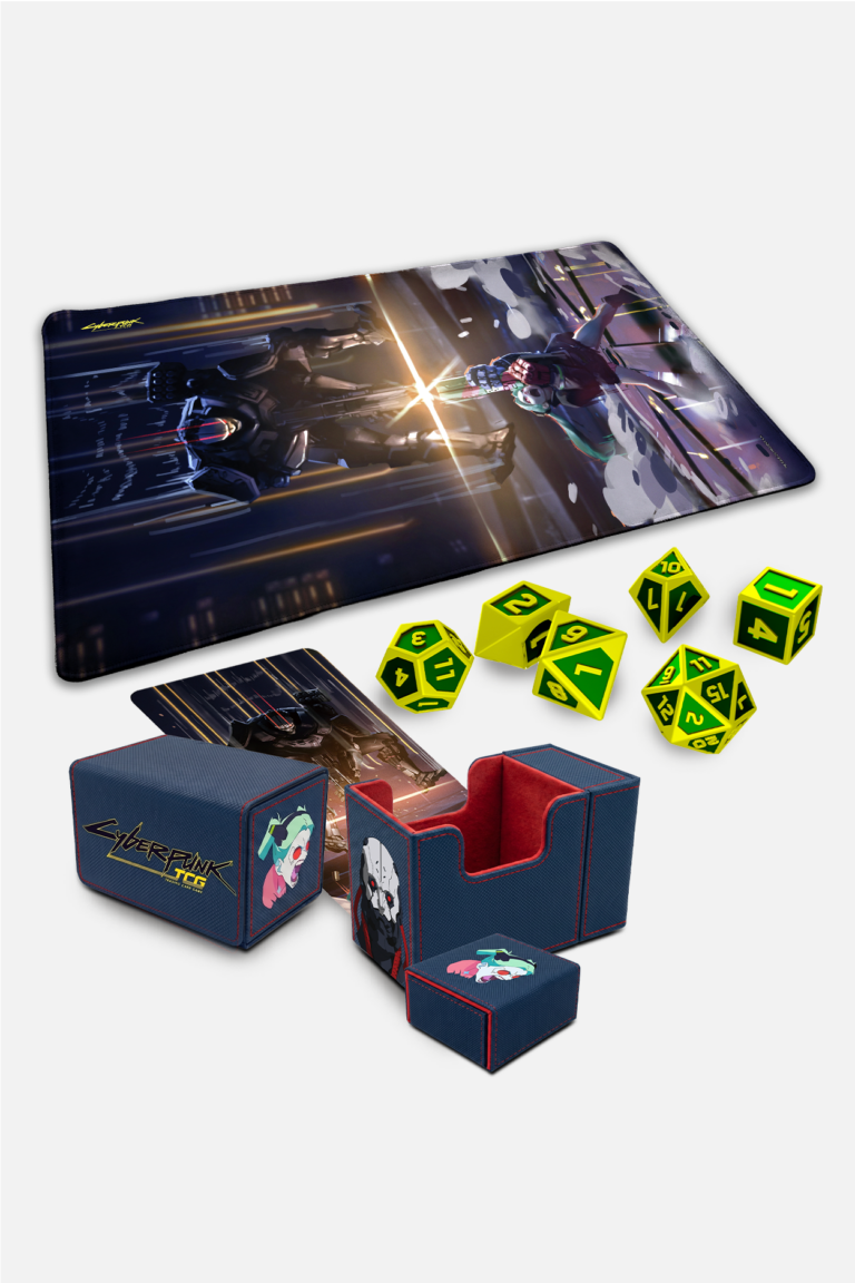 Cyberpunk TCG - The Moment Premium Accessory Bundle mit Adam-Smasher- und Rebecca-Nova-Rare-Diptychon (Quelle: CD PROJEKT RED Gear Store)