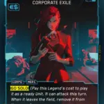 Cyberpunk TCG - Legend-Karte V: Corporate Exile mit dem Keyword Go Solo (Quelle: offizieller Kartenindex, cyberpunktcg.com)