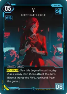 Cyberpunk TCG - Legend-Karte V: Corporate Exile mit dem Keyword Go Solo (Quelle: offizieller Kartenindex, cyberpunktcg.com)