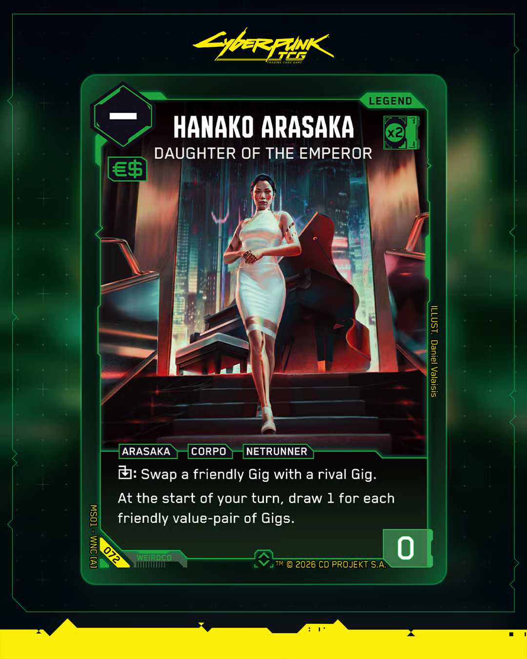 Hanako Arasaka – Daughter of the Emperor, Legend-Karten-Reveal (Cyberpunk TCG, Welcome to Night City)