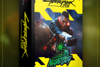 Official artwork showcasing the Cyberpunk TCG Beta Event Kit box and contents