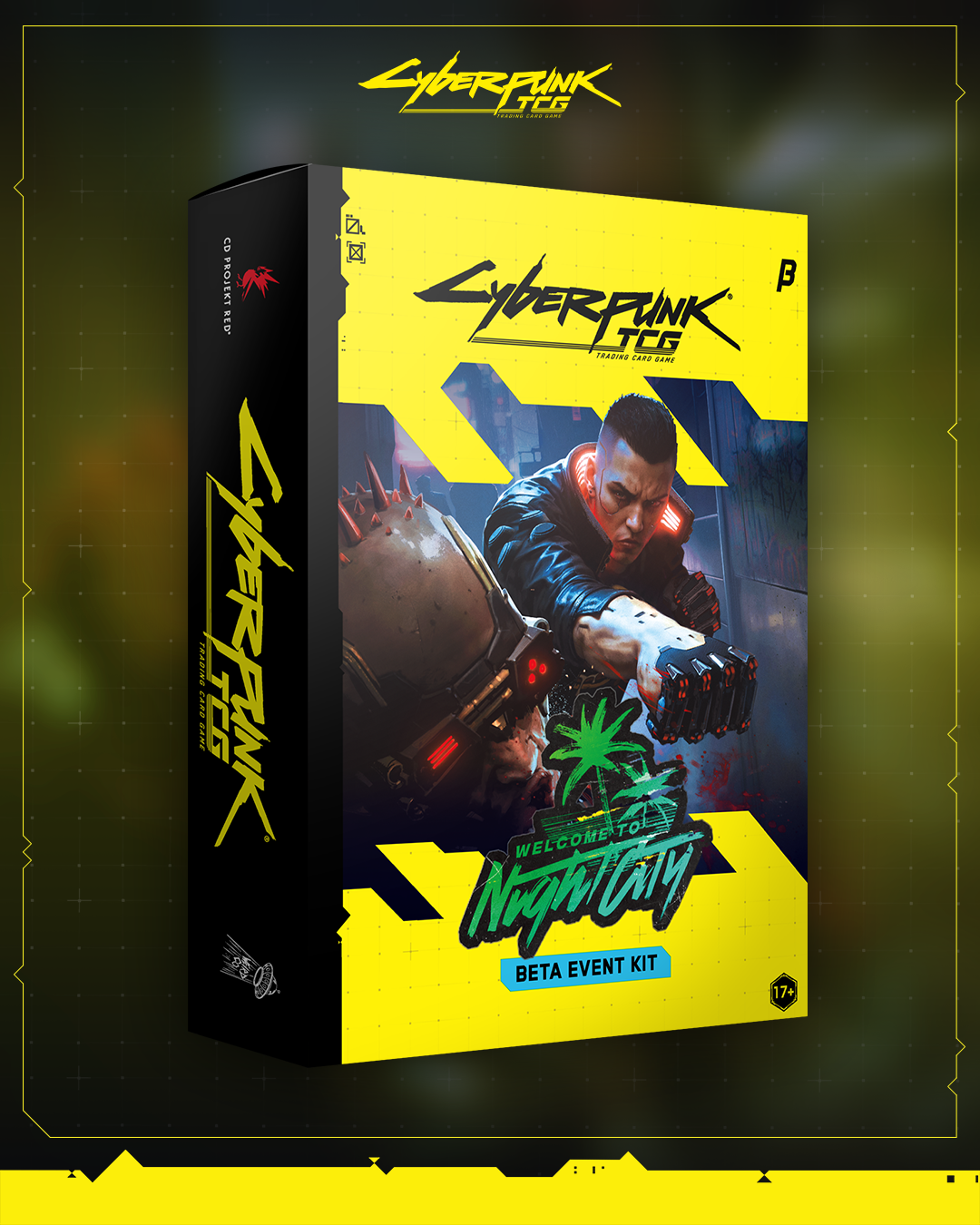 Official artwork showcasing the Cyberpunk TCG Beta Event Kit box and contents
