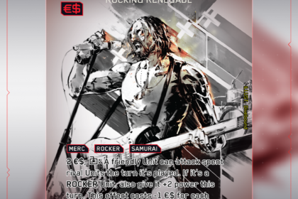 Johnny Silverhand: Rocking Renegade card art, Cyberpunk TCG Secret Iconic printing