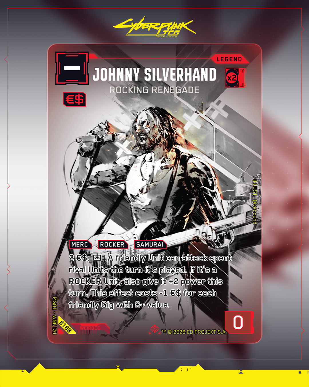 Johnny Silverhand: Rocking Renegade card art, Cyberpunk TCG Secret Iconic printing