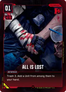Cyberpunk TCG - Kartenrender All is Lost, Program aus Welcome to Night City, Illustration von Fabrizio De Tommaso (Quelle: cyberpunktcg.com)