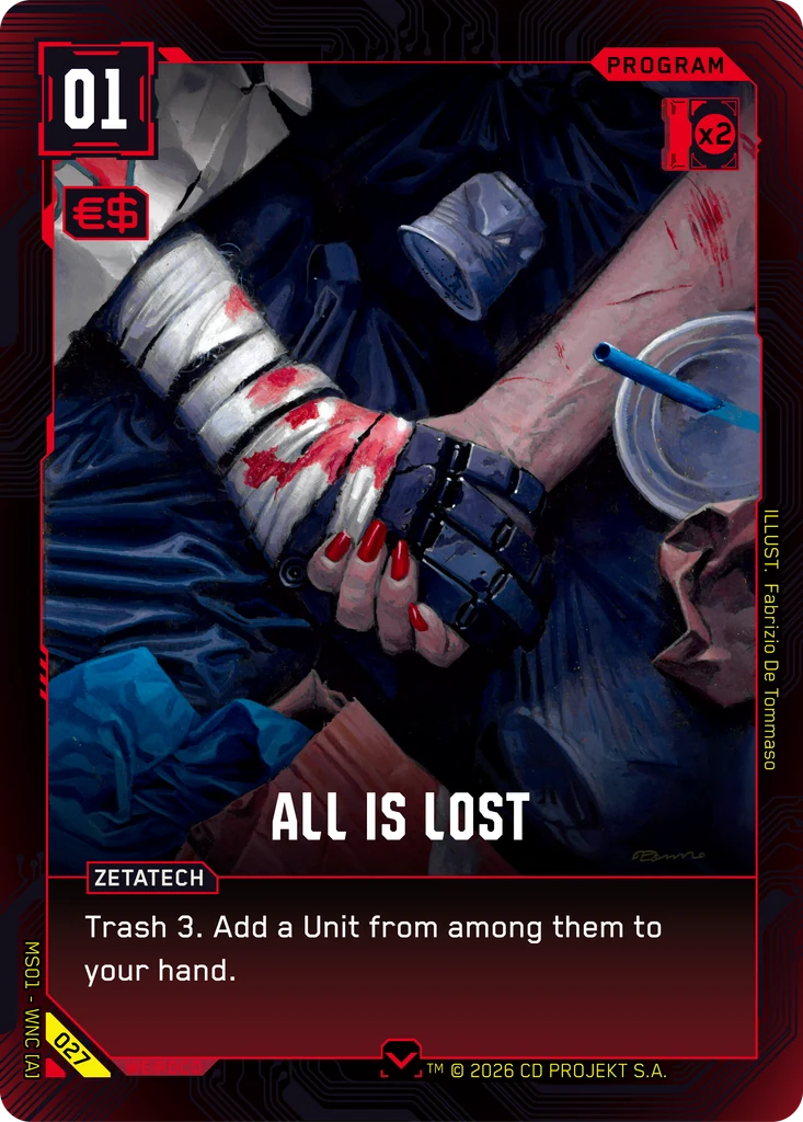 Cyberpunk TCG - Kartenrender All is Lost, Program aus Welcome to Night City, Illustration von Fabrizio De Tommaso (Quelle: cyberpunktcg.com)