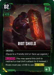 Cyberpunk TCG - Kartenrender Riot Shield, gruenes Gear aus Welcome to Night City, Illustration von TOPDOG Entertainment (Quelle: cyberpunktcg.com)