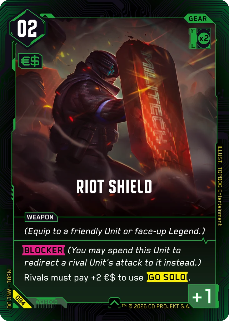 Cyberpunk TCG - Kartenrender Riot Shield, gruenes Gear aus Welcome to Night City, Illustration von TOPDOG Entertainment (Quelle: cyberpunktcg.com)
