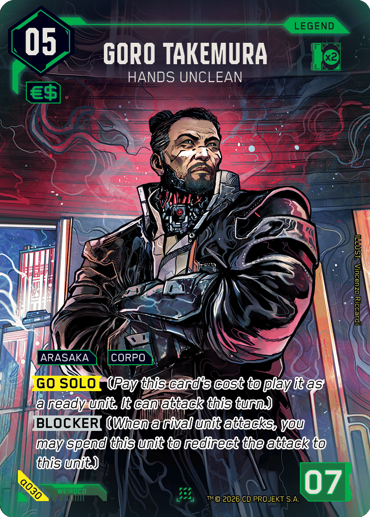 Cyberpunk TCG - Box-Topper-Alt-Art von Goro Takemura Hands Unclean, illustriert von Vincenzo Riccardi (Quelle: cyberpunktcg.com)