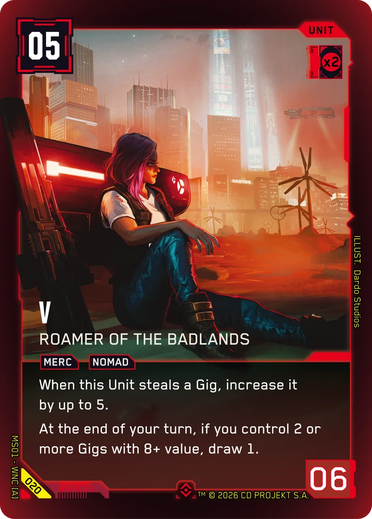 V, Roamer of the Badlands — erster Nomad-V im Cyberpunk TCG, Epic Rare aus Welcome to Night City