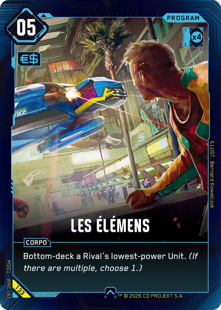 Cyberpunk TCG - Karte Les Elemens, Programm der Corpo-Farbe, Nummer 133 aus Welcome to Night City (Quelle: cyberpunktcg.com / WeirdCo)