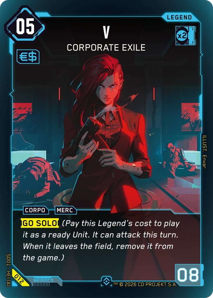 Cyberpunk TCG - V: Corporate Exile, Epic-Karte aus dem Starterdeck The Heist (Quelle: offizielle Cyberpunk-TCG-Kartendatenbank)