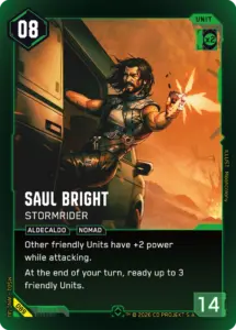 Cyberpunk TCG - Saul Bright: Stormrider, gruene Rare mit 14 Power (Quelle: offizielle Kartendatenbank cyberpunktcg.com)