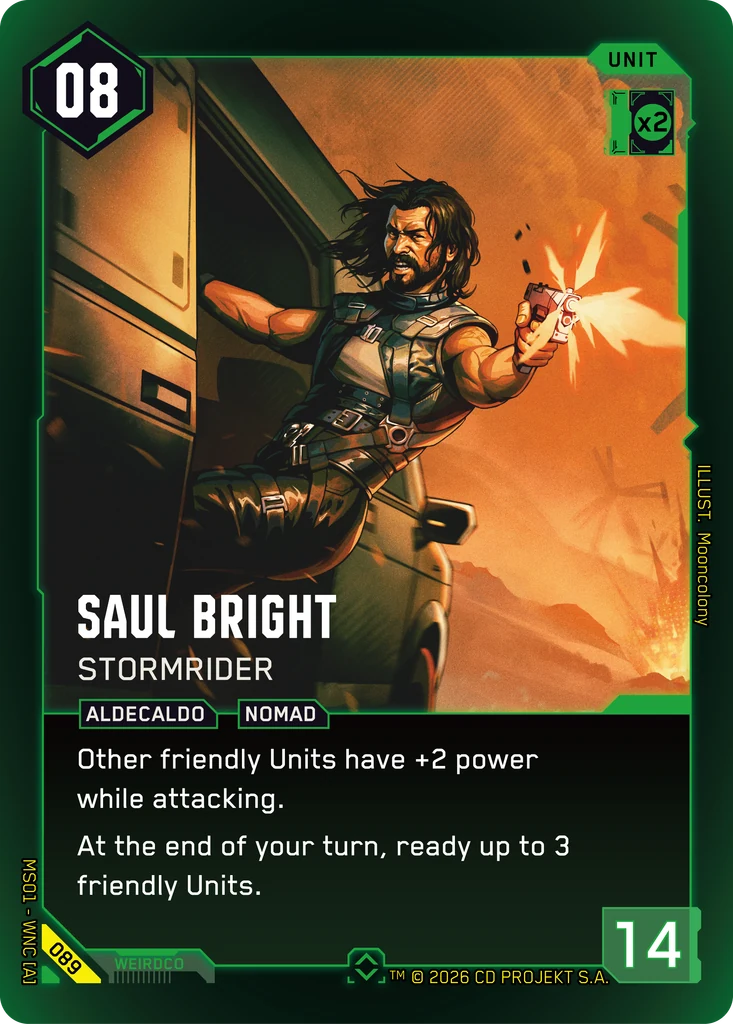 Cyberpunk TCG - Saul Bright: Stormrider, gruene Rare mit 14 Power (Quelle: offizielle Kartendatenbank cyberpunktcg.com)