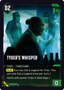 Cyberpunk TCG - Karte Tyger's Whisper aus dem Set Welcome to Night City (Quelle: Offizielle Kartengalerie / Netdeck.gg)