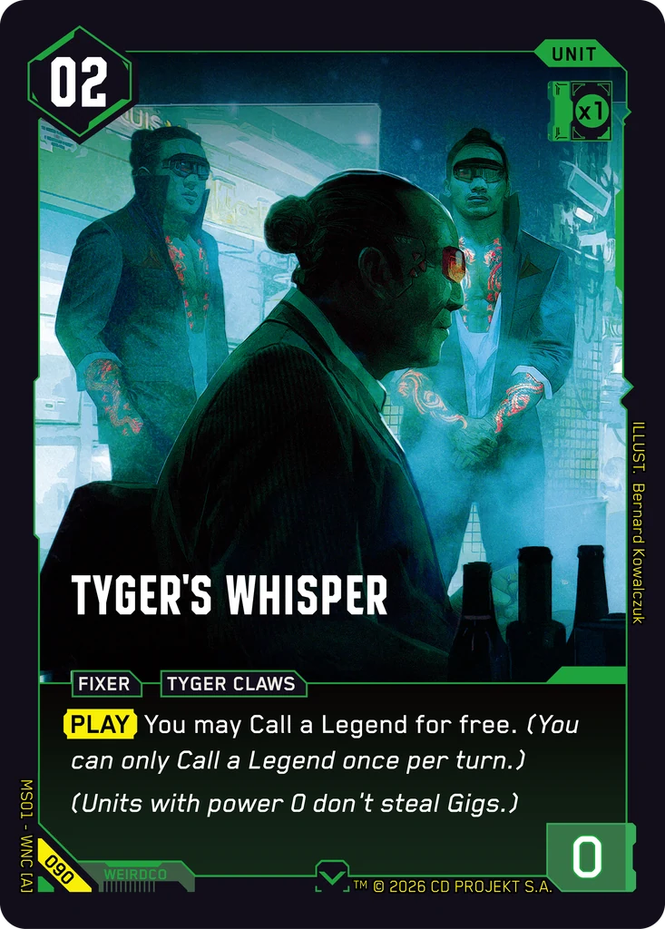 Cyberpunk TCG - Karte Tyger's Whisper aus dem Set Welcome to Night City (Quelle: Offizielle Kartengalerie / Netdeck.gg)