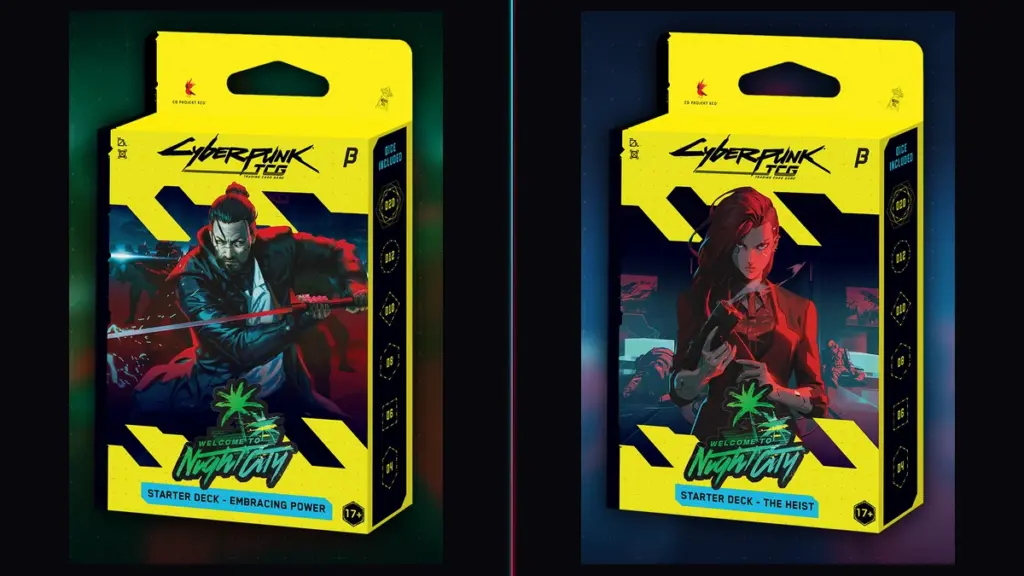 Die beiden Welcome-to-Night-City-Starter-Decks Embracing Power und The Heist nebeneinander, offizielle Produktbilder von WeirdCo