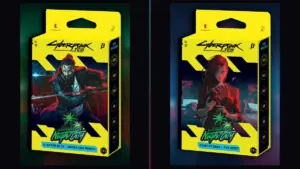 Die beiden Welcome-to-Night-City-Starter-Decks Embracing Power und The Heist nebeneinander, offizielle Produktbilder von WeirdCo