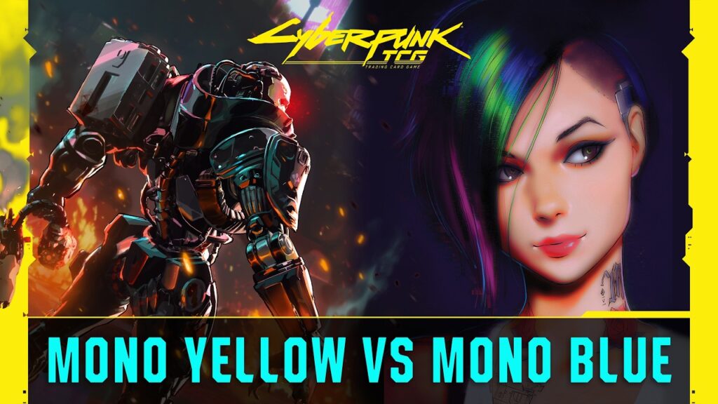 Cyberpunk TCG - Mono-Gelb Adam Smasher gegen Mono-Blau Judy Alvarez im offiziellen Gameplay-Video (Quelle: Cyberpunk TCG YouTube)