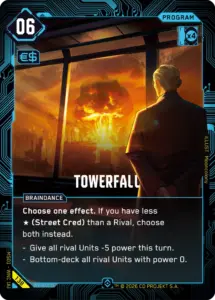 Cyberpunk TCG - Towerfall, Epic-Program aus Welcome to Night City (Quelle: offizielle Karten-Datenbank cyberpunktcg.com / Netdeck)