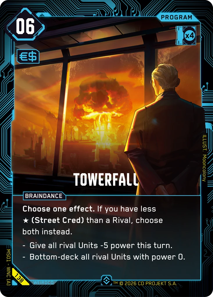 Cyberpunk TCG - Towerfall, Epic-Program aus Welcome to Night City (Quelle: offizielle Karten-Datenbank cyberpunktcg.com / Netdeck)