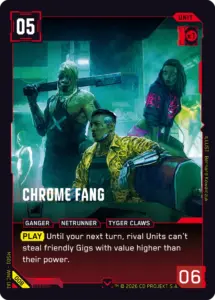 Cyberpunk TCG - Chrome Fang, Common-Unit aus Welcome to Night City mit den meisten offiziellen Regelantworten (Quelle: offizielle Karten-Datenbank)