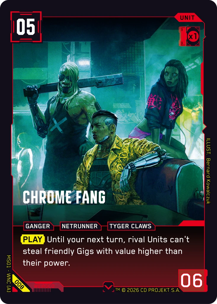 Cyberpunk TCG - Chrome Fang, Common-Unit aus Welcome to Night City mit den meisten offiziellen Regelantworten (Quelle: offizielle Karten-Datenbank)