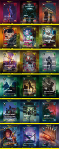 Cyberpunk TCG - Alle 18 Night City Brawl Promos im Iconic Frame (Quelle: WeirdCo, cyberpunktcg.com)