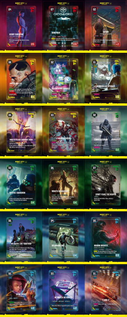 Cyberpunk TCG - Alle 18 Night City Brawl Promos im Iconic Frame (Quelle: WeirdCo, cyberpunktcg.com)